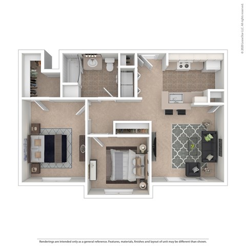 Floor plan for 2 beds, 1 bath, 777 sqft